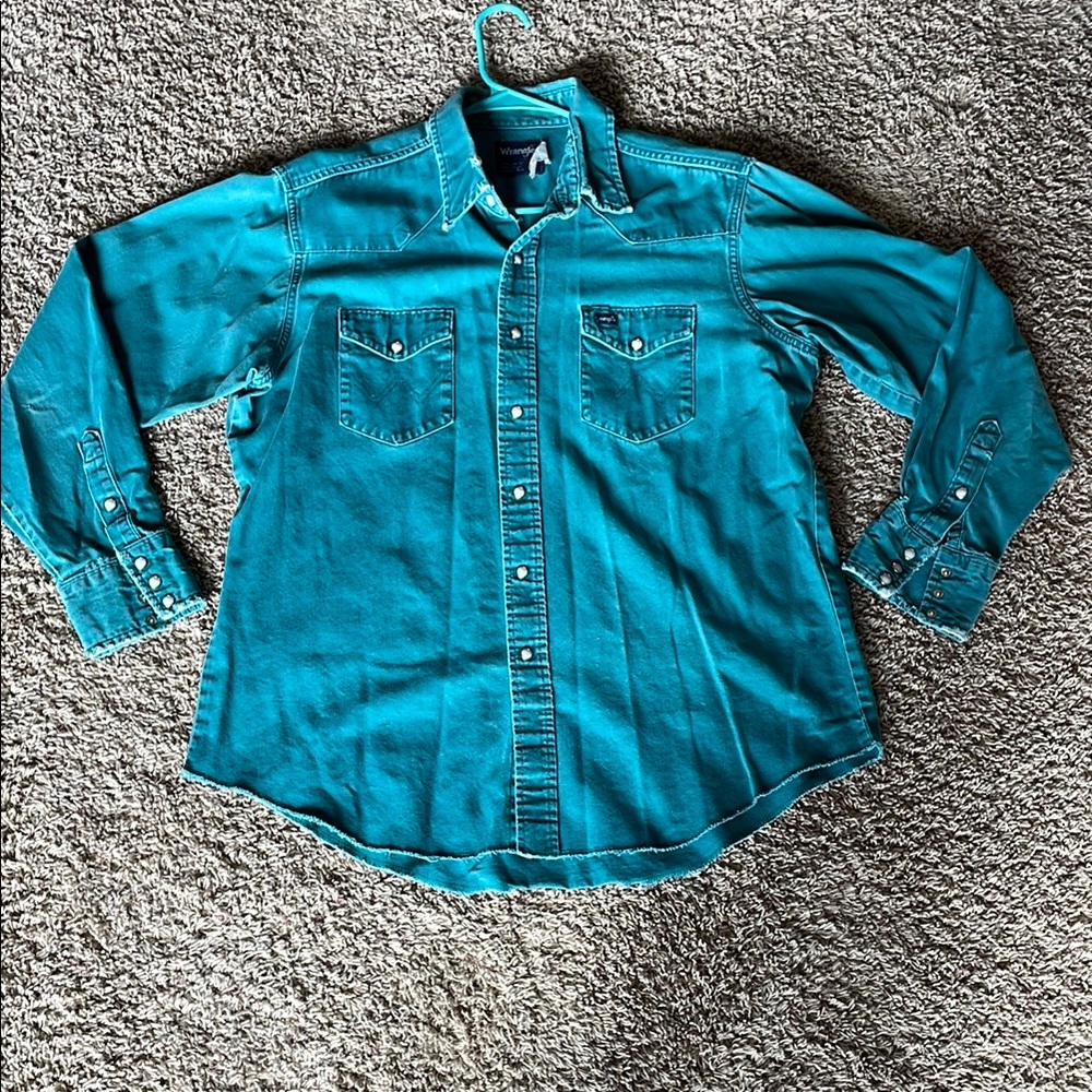 Over sized distressed Wrangler Blue Casual Button Down Shirt